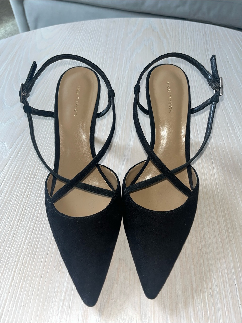 Ann Taylor Black Pointed Crisscross Slingback Heels